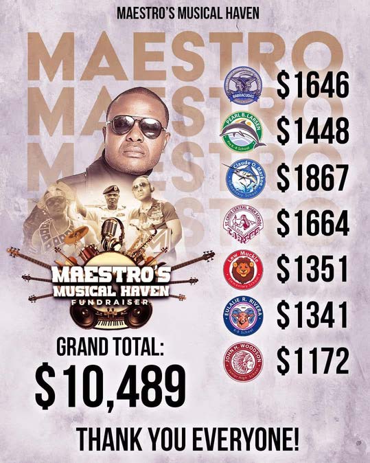 A graphic celebrating the Maestro's Musical Haven fundraiser, which raised over $10,000 for St. Croix schools.