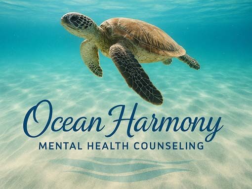 The Ocean Harmony Mental Health Counseling logo featuring a sea turtle swimming in turquoise water.