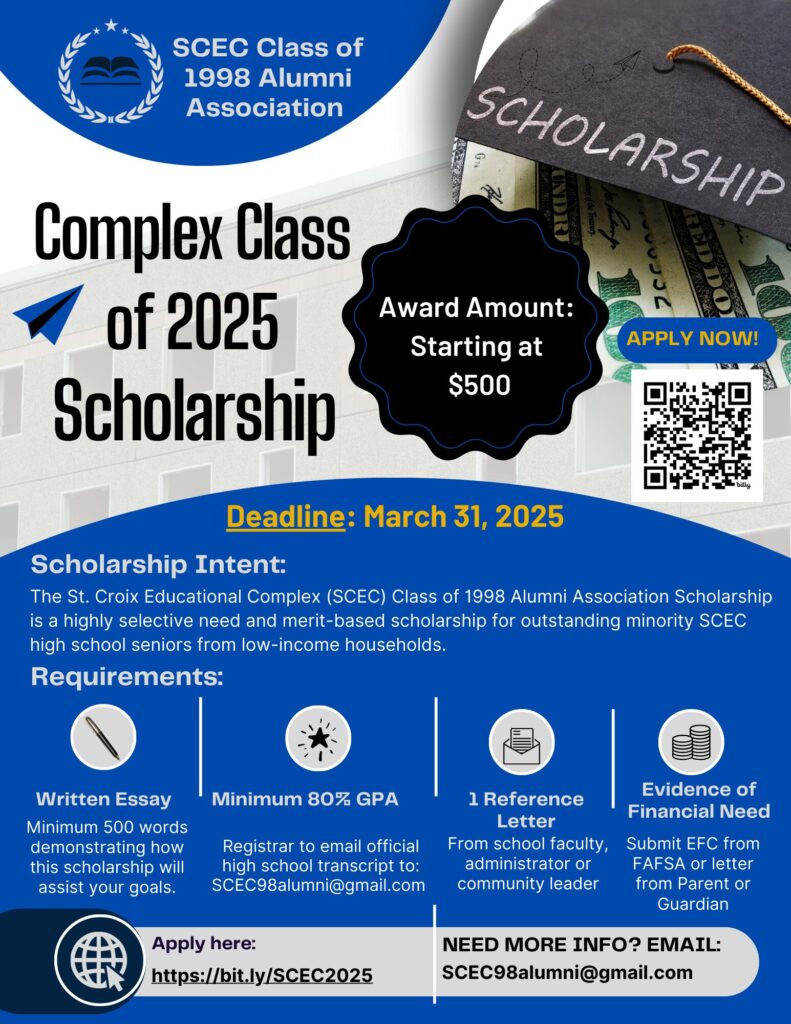 Flyer for the Complex Class of 2025 Scholarship showing graduation cap and requirements. Award amount starting at $500.